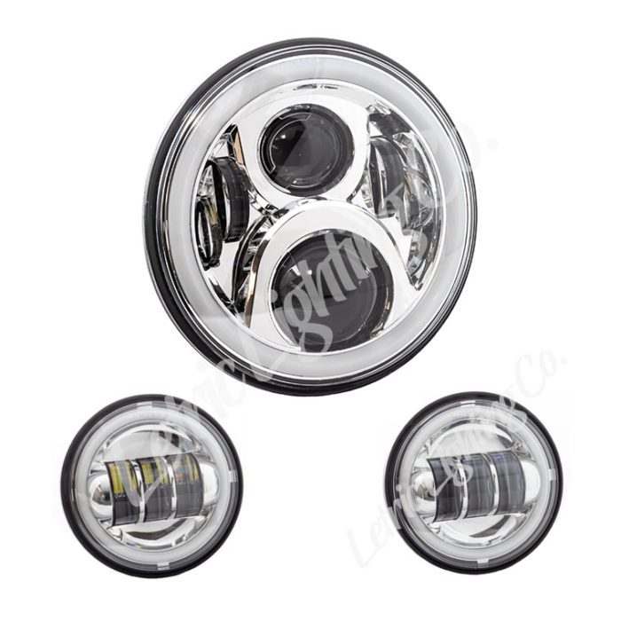 Full-Halo Chrome LED Headlamp with passing lamps for harley