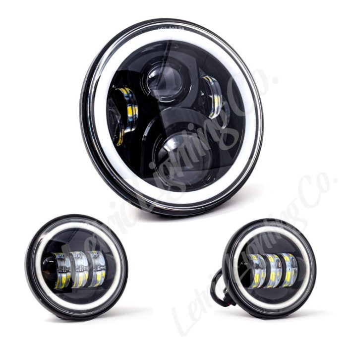 7" LED Black Full Halo wide-array Headlamp w/ (2) 4.5" Black Full Halo Passing Lamps for harley indian motorcycles
