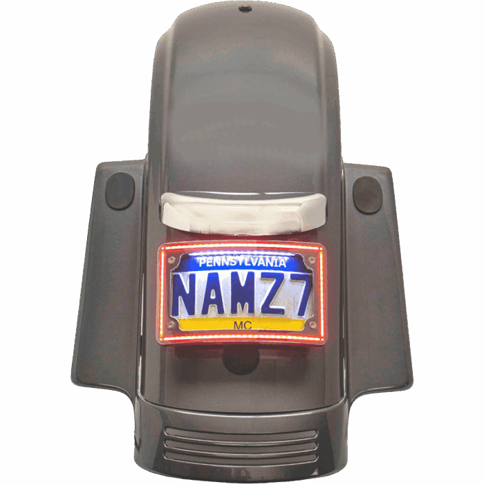 Turn Signal Eliminator with Flat Perfect Plate Light license plate frame kit in Chrome finish, fits: 2010-2022 Street Glide & Road Glide Models.